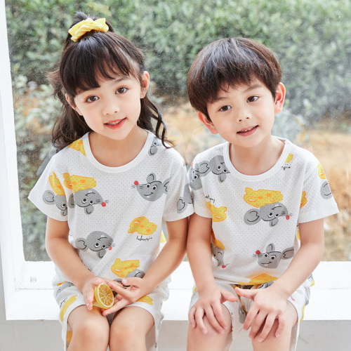 Breathable children's breathable cotton short-sleeved suit summer cartoon cotton children's home clothes breathable and comfortable mesh baby pajamas