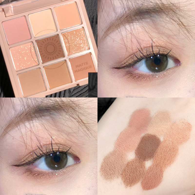 Douyin misma paleta de sombras de ojos de nueve colores Jiugongge mate nacarado té con leche de verano melocotón púrpura color rosa fresco nicho