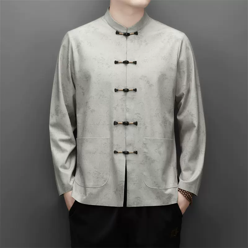 高端含桑蚕丝唐装中老年长袖春秋新款中式爸爸衬衫盘扣休闲上衣男