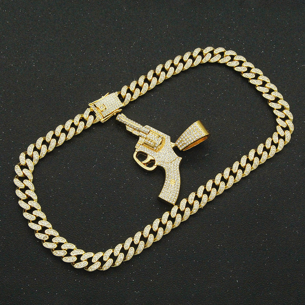 Fashion full diamond gun pendant Cuban chain alloy necklace