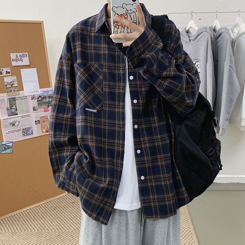 Spring and Autumn Long Sleeve Plaid Shirt Men's Loose Fashionable Student Casual Retro Handsome Outer Wear Sanding Shirt Jacket