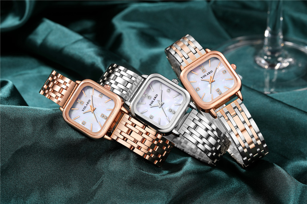 Hot Selling Women's Square Diamond Shell Face Quartz Watch Rose Gold Steel Band Women's All-match Quality Watch_voghion.com