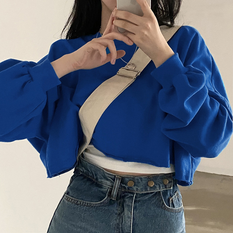 Xinyu Short Sweatshirt Autum New Korean Style Pure Color Loose Navel-Baring Round Neck Top Women's Export Wholesale Ins