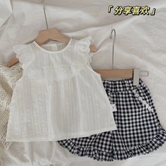 2024夏季新品女童無袖花邊襯衣飛袖荷葉邊女寶純棉娃娃衫背心上衣