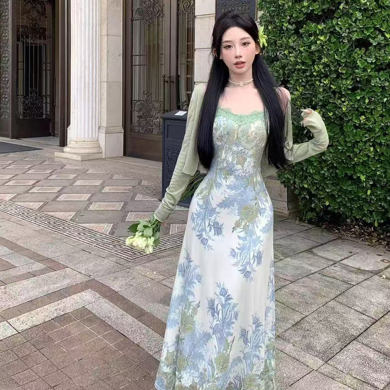 Pure Lust Style Lace Splicing Printed Suspender Dress Women's Summer French Style Holiday Long Skirt Cardigan Two-Piece Set
