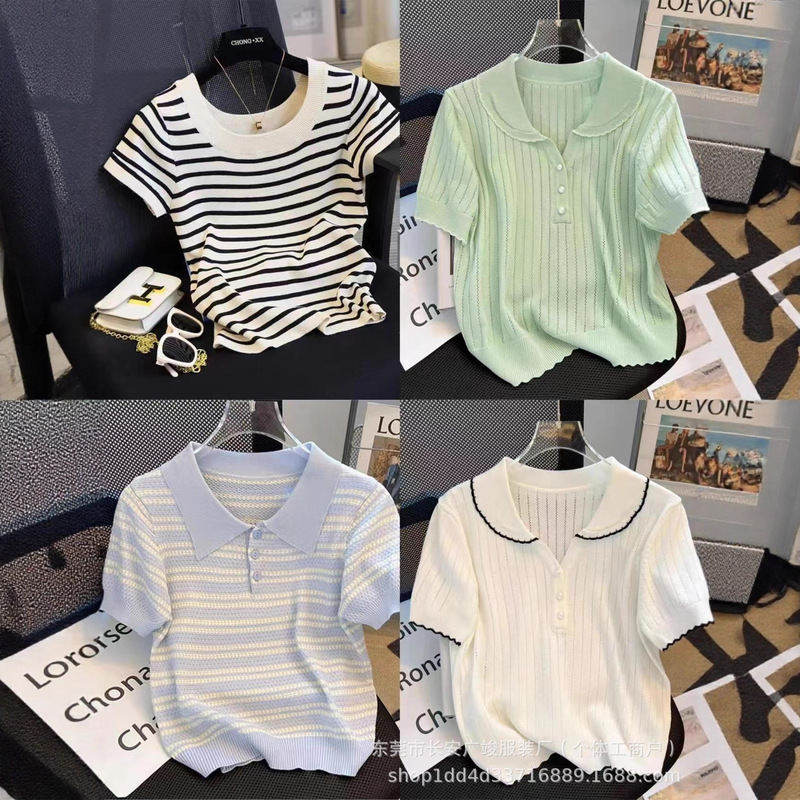Summer Women's Knitted Short-Sleeved T-Shirts, Export Manufacturers, Night Market Street Stalls, Wholesale Live Broadcast, Small Fragrant Knitted Knitwears