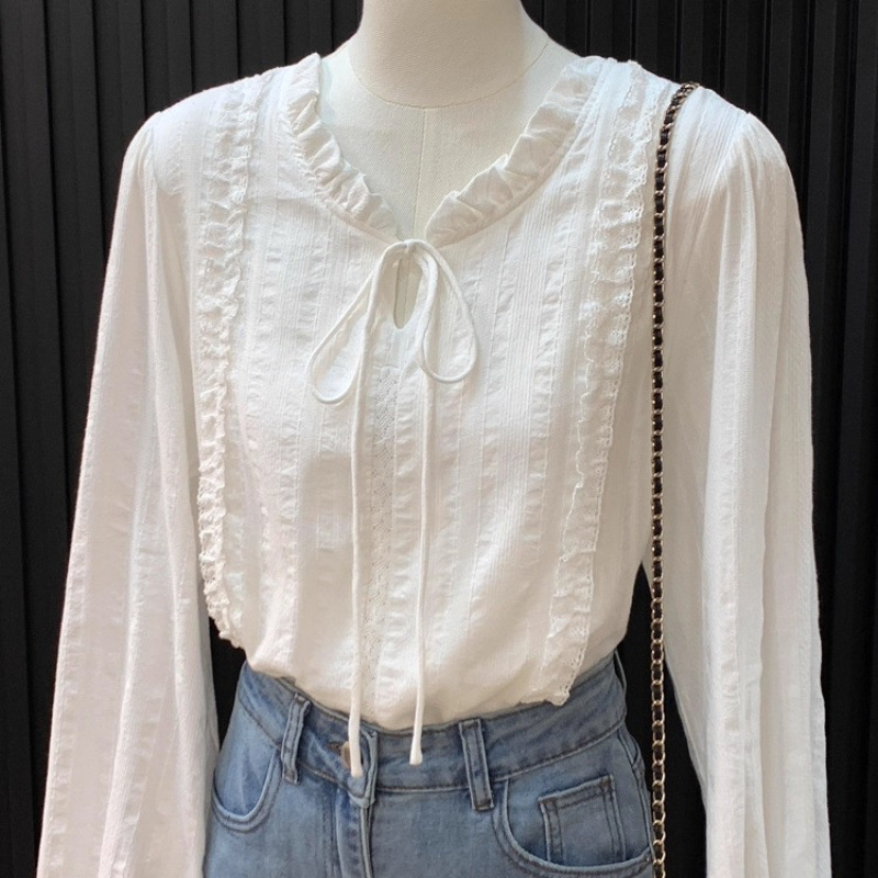 French Lace Collar Tie-Up White Shirt for Women, New Spring and Autumn Style, Gentle and Chic Long-Sleeved Top