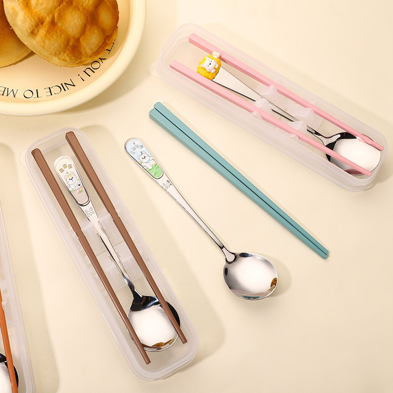 合金箸とスプーンセットポータブルステンレス鋼学生食器子供用高級食事ランチ箸とスプーン|undefined