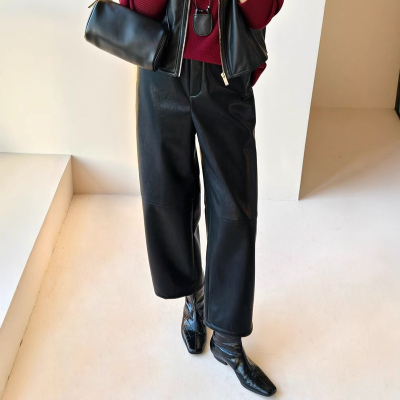Meiyang 【60 Series】Black Leather Pants Protein Leather*Inner Brushed Finish Straight-Leg Eight/Nine-Quarter Pants Meiyang 【60 Series】Black Leather Pants Protein Leather*Inner Brushed Finish Straight-Leg Eight/Nine-Quarter Pants