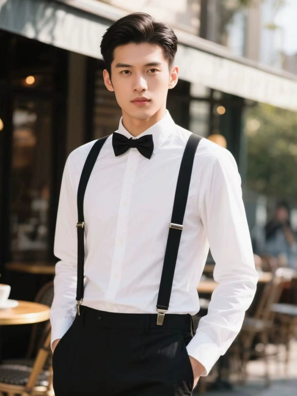 Белая рубашка, подтяжки, брюки, Slim fit