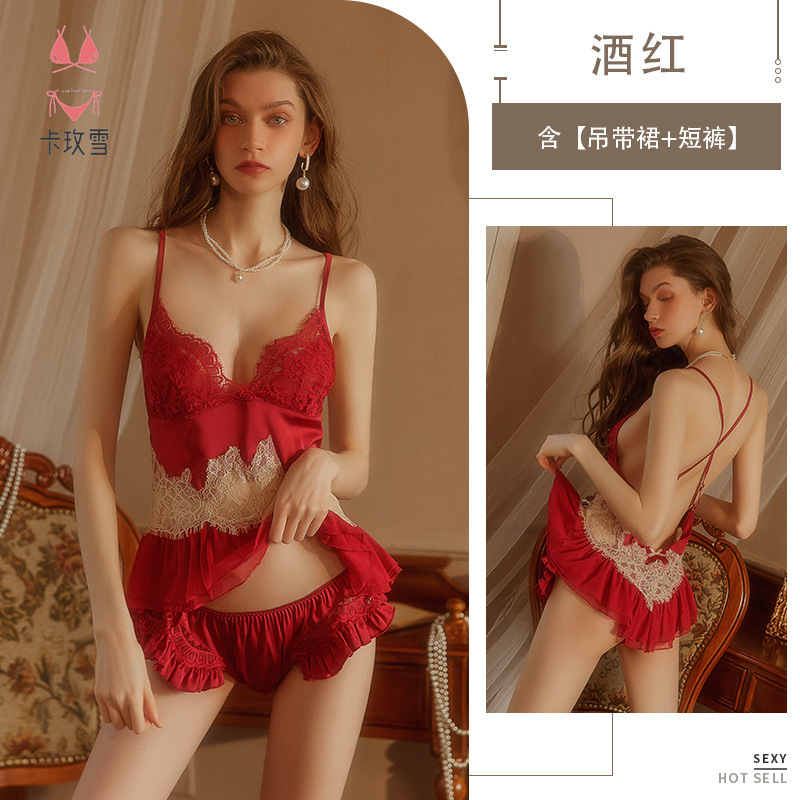 Lencería sexy pijamas de las mujeres de dos piezas pantalones cortos Correa camisón encaje sin espalda traje de verano casa 1525