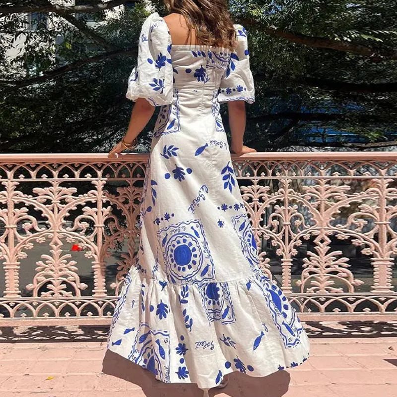 2025 Spring New European And American Casual Off-Shoulder Printed Lantern Sleeve Slim Fit Flared Dress_voghion.com