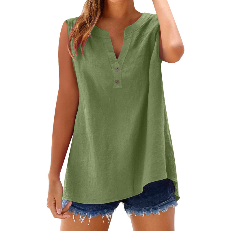 2025 New Amazon European and American Explosions Women's Shirt Casual Button Loose Sleeveless Slub Cotton Top Women's Clothing