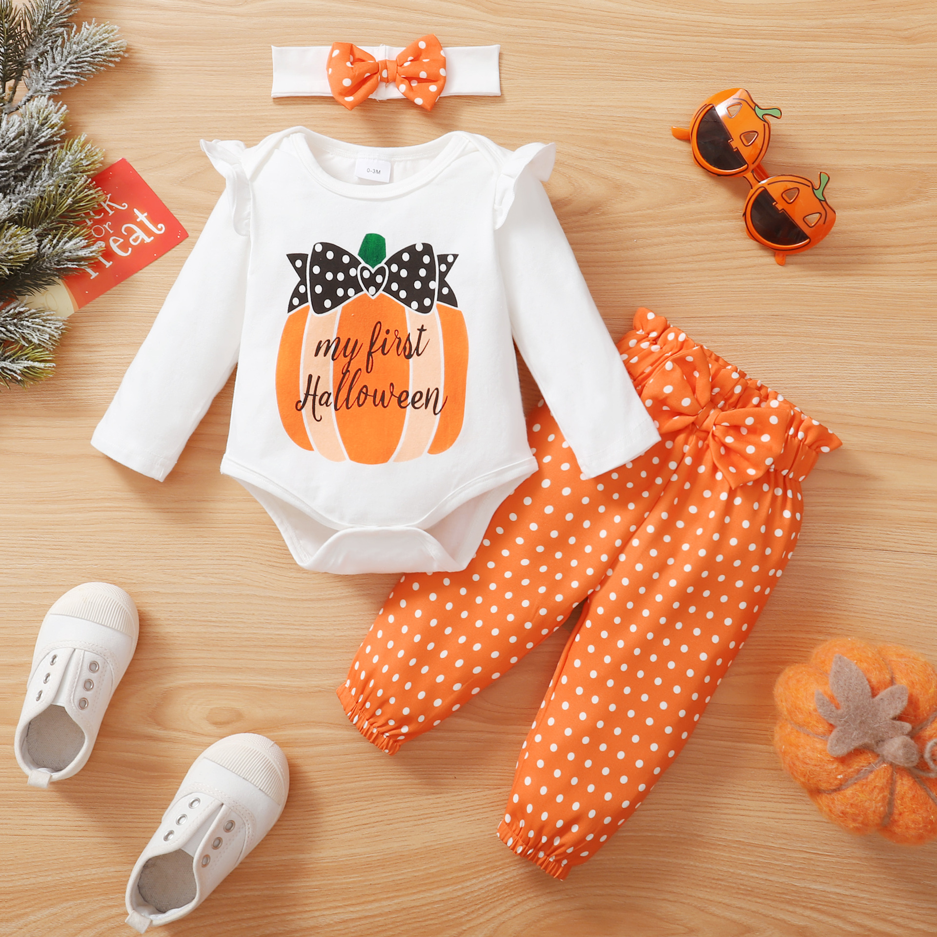 Fashion Pumpkin Polka Dot Long Sleeve Romper Ensemble Trois Pièces display picture 1