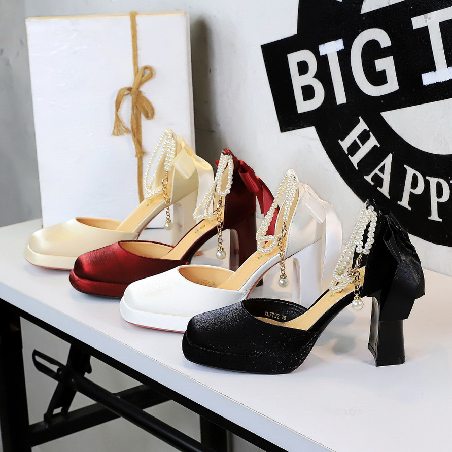 7722-H79TP satin bow sandals with thick heel, square toe, hollow pearl ribbon, high-heeled wedding shoes