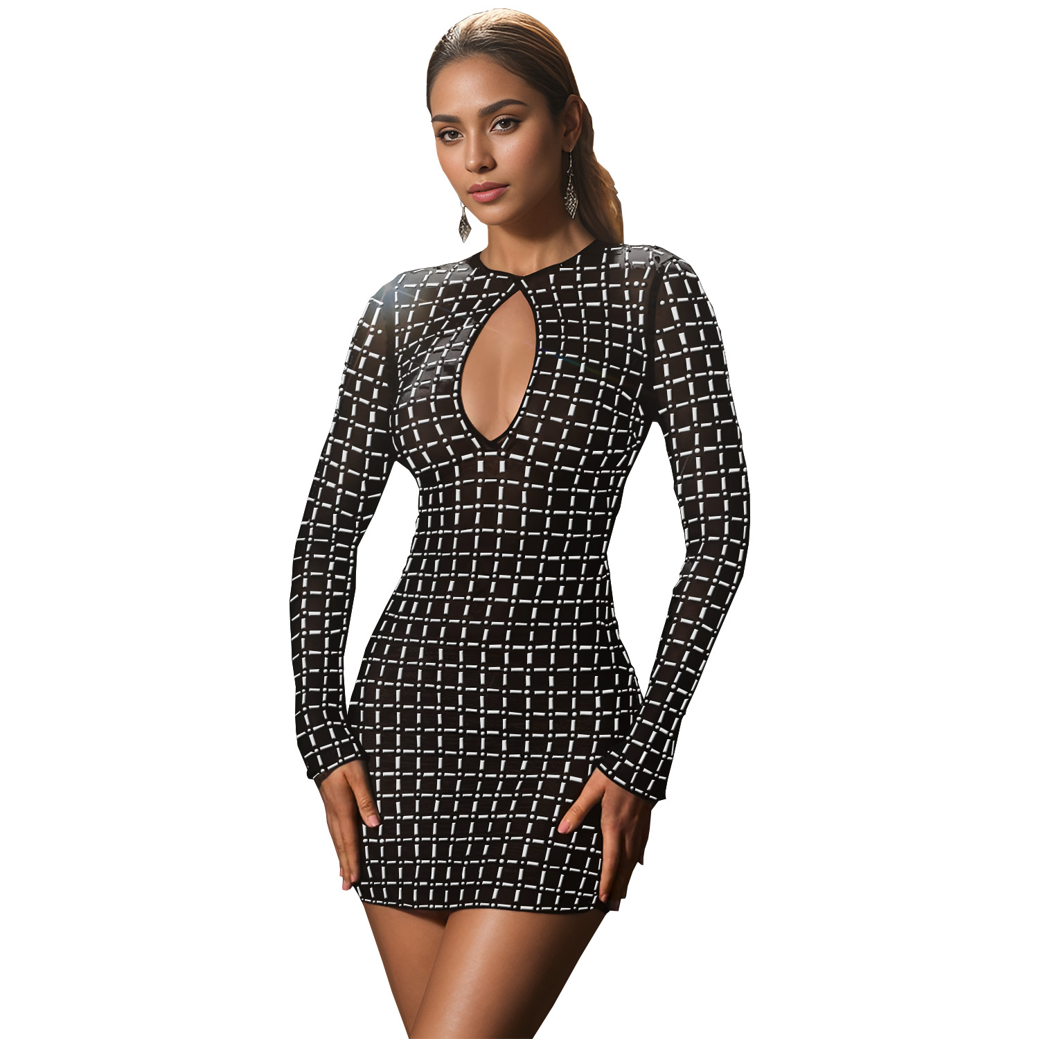 C7230 Aliexpress transfronterizo Amazon Europa y América moda de mujer sexy de espalda corta de diamante vestido de manga larga image 7