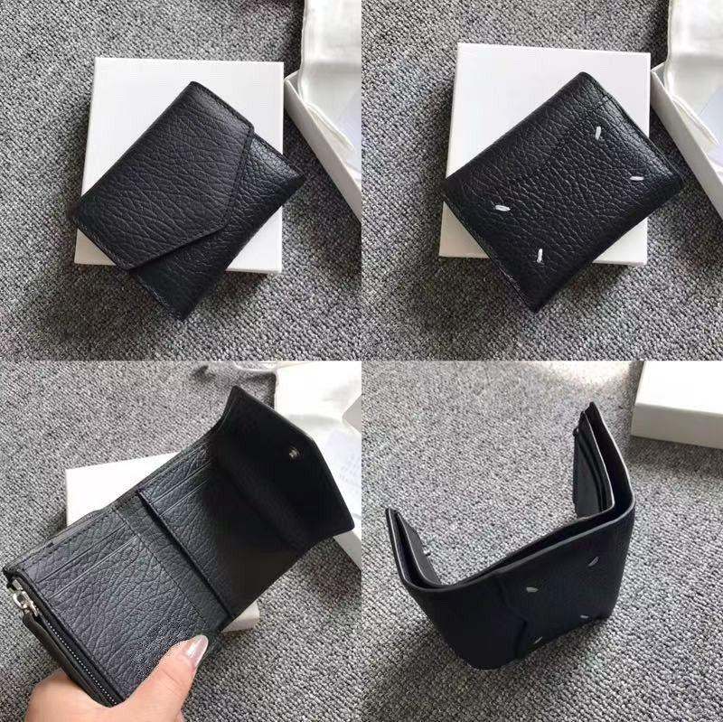 PYC 21aw primera capa de piel de vaca con solapa con cremallera triple billetera corta con múltiples posiciones para tarjetas billetera plegable