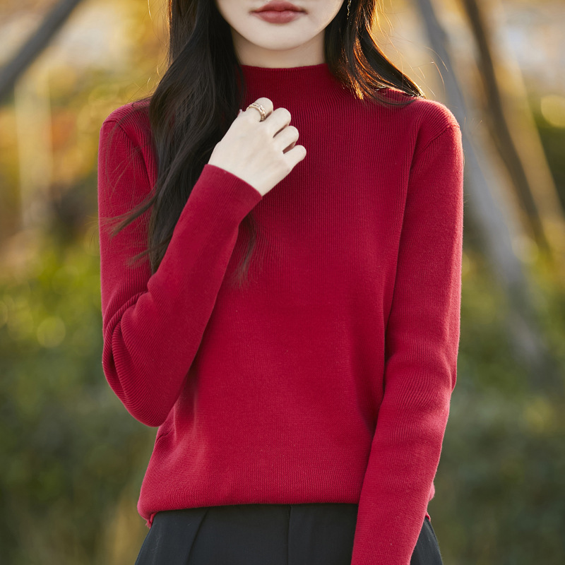 代发批发纯棉线半高领修身打底衫女秋冬新款韩版针织上衣显瘦毛衣