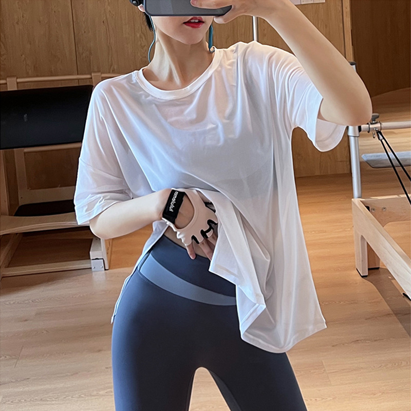 Outdoor Morning Running Pilates Yoga Wear Top Women's Summer Thin Loose Slimming Versatile Sports Quick Dry Fitness Clothes 