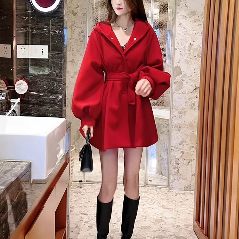 Foreign Trade Korean Wholesale Hooded Woolen Outwear for Women in Autumn and Winter Design with Straps and Waist Niche Elegant Woolen Outwear