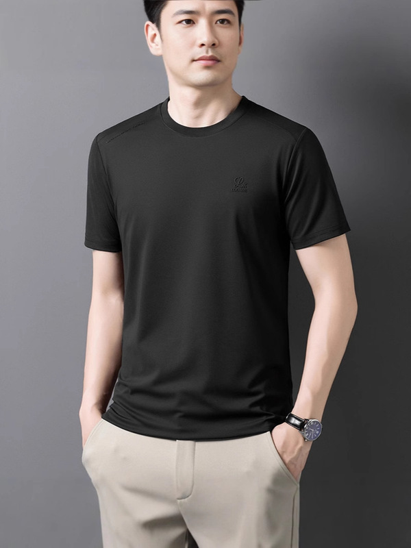 ラウンドネック夏メンズ半袖新しいルーズトレンディカジュアル半袖ファッションアイスシルククールメンズTシャツドロップシッピング|undefined