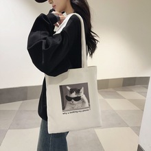 韩版超火休闲 帆布包大学生流行猫咪图单肩包大容量托特包ins布袋