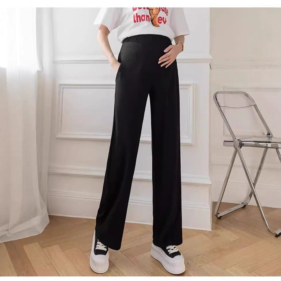 Maternity Wear Korean Style Summer Ice Silk Breathable and Cool Adjustable Pregnant Mommy Going Out Trendy Work Clothing Belly Support Wide Leg Pants