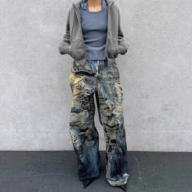 高品质AC新款涂鸦破坏数码印花牛仔裤美式vibe街头直筒宽松阔腿裤
