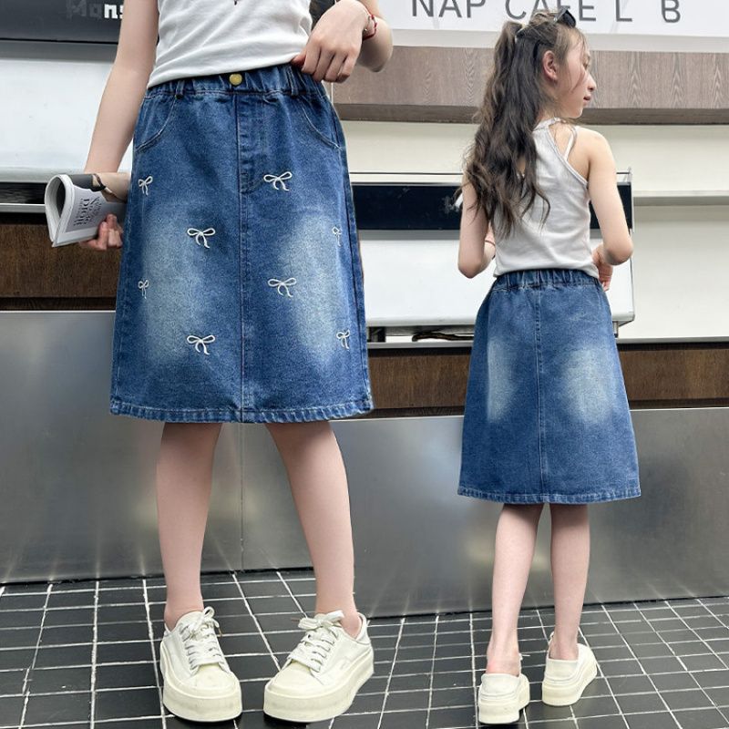 Falda de mezclilla para niñas de gran volumen original de calidad, nueva moda de verano, falda bordada con lazo de todo fósforo