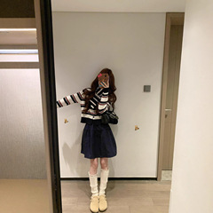 2025新款早秋季撞色条纹针织衫上衣女装韩系休闲短款毛衣开衫外套