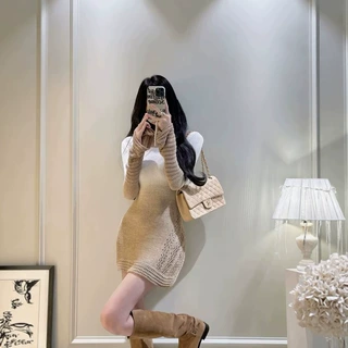 2026 早秋新款粗针织包臀连衣裙女日落橘子海渐变镂空喇叭袖中长