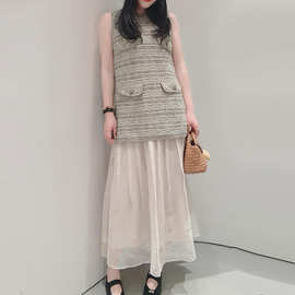 2026夏季新款女装小香风拼接无袖针织两件套连衣裙长裙子 2K2OE33