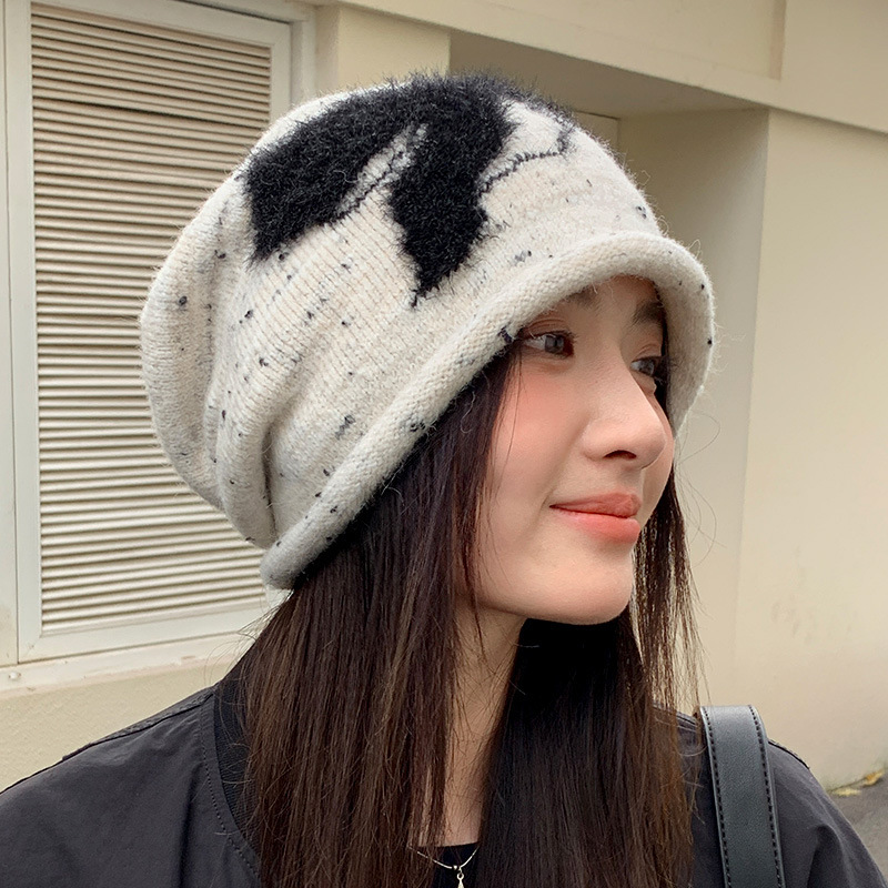 韩版加绒蝴蝶结堆堆帽秋冬新款慵懒毛线帽防风保暖冷帽显脸小帽子|undefined