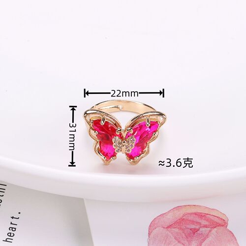 Japanese and Korean crystal glass butterfly open ring light luxury versatile temperament women's new multi-color three-dimensional 18K gold jewelry