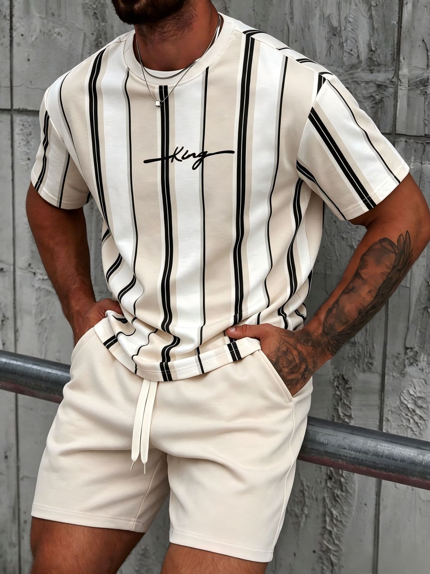 Men's Clothing Casual Set Letter Print 2 Piece Letter Graphic 2-Piece Summer Set | Casual Short Sleeve T-Shirt & Shorts Outfit For Daily Wear_viptrois.com
