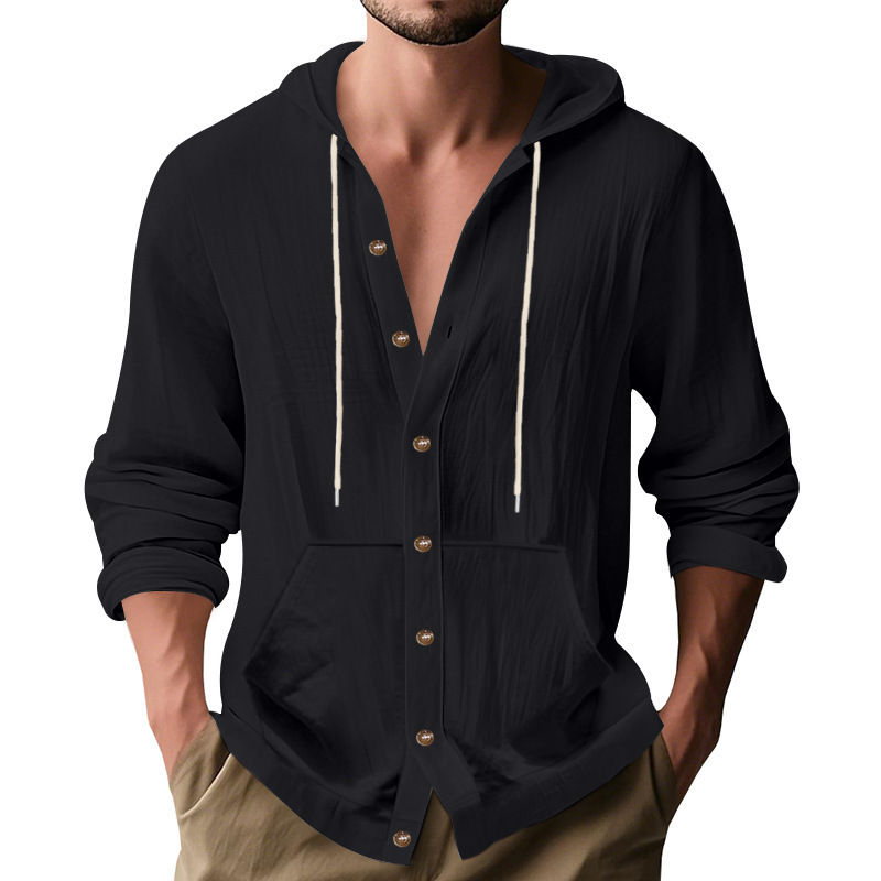 Transfronterizo Amazon primavera y otoño americano suelto para hombres lino suelto casual playa simple con capucha camisa de manga larga para hombres