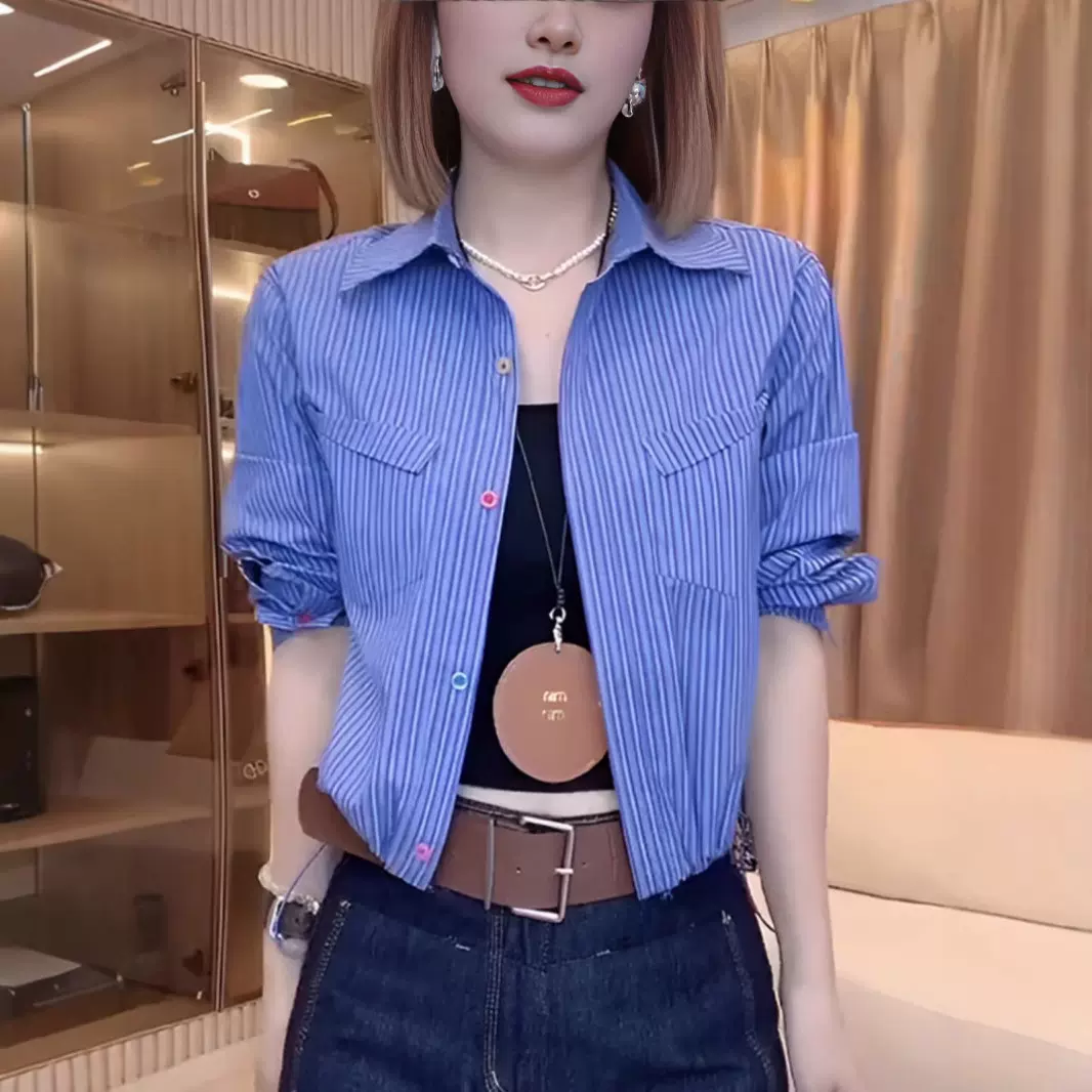 加工定制欧美跨境亚马逊条纹衬衫女短款上衣宽松大码长袖女装通勤