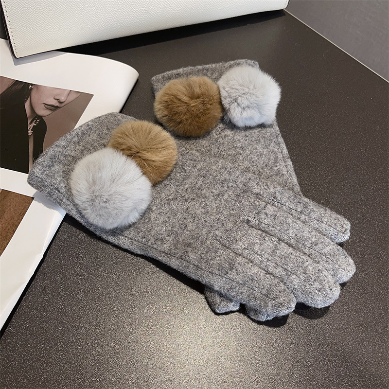 Gants en laine à cinq doigts pour femmes en laine à boules de poils, nouveaux modèles d'automne et d'hiver en cachemire à écran tactile, empilés et épaissis_voghion.com