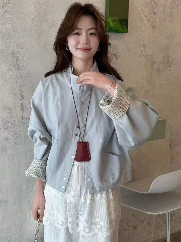 欧货条纹拼接袖立领短外套女2025开春女装小个子休闲时尚减龄上衣|undefined