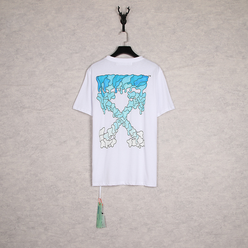 [Código Europeo] de flecha de gradiente clásico disuelto línea de advertencia de graffiti ow marca de moda pareja religiosa Camiseta de manga corta