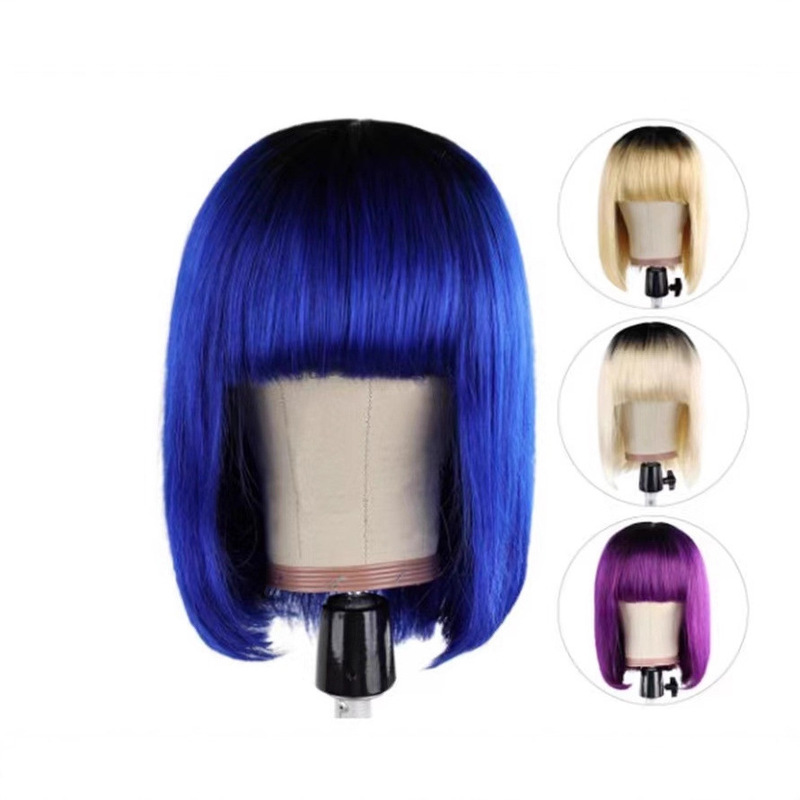 New European and American wig cos neat bangs black brown long straight hair high temperature silk wig wholesale in stock promotion