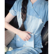 新中式国风蓝色连衣裙斜襟设计绝美小裙子高级复古chao好看裙子潮
