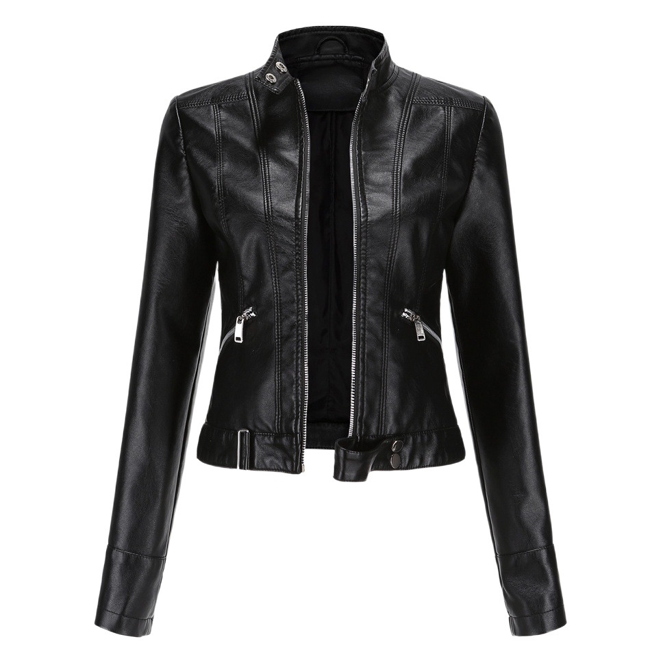 2021 New Leather Jacket Women's Short Small Jacket Spring and Autumn Stand Collar Women's Leather Jacket Cross-Border Women's Thin Leather Jacket