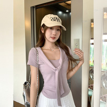 假两件设计感披肩v领短袖t恤女2026夏季新款法式温柔休闲百搭上衣