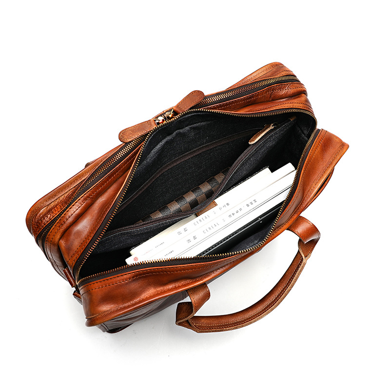 Men's Handmade Genuine Leather Handheld Bag, Plant Tanned Leather Computer Bag, Crossbody Large Capacity Functional Multi business Briefcase_voghion.com