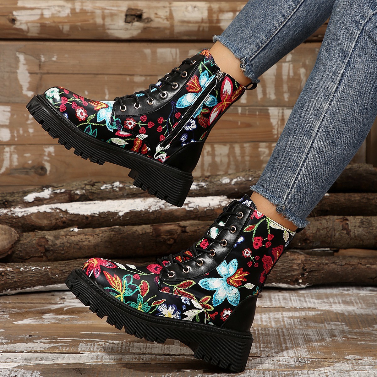 European and American Printed Large Size Boots for Women Autumn and Winter New Non-Slip Thick-Soled Round-Toe Warm Side Zipper Boots