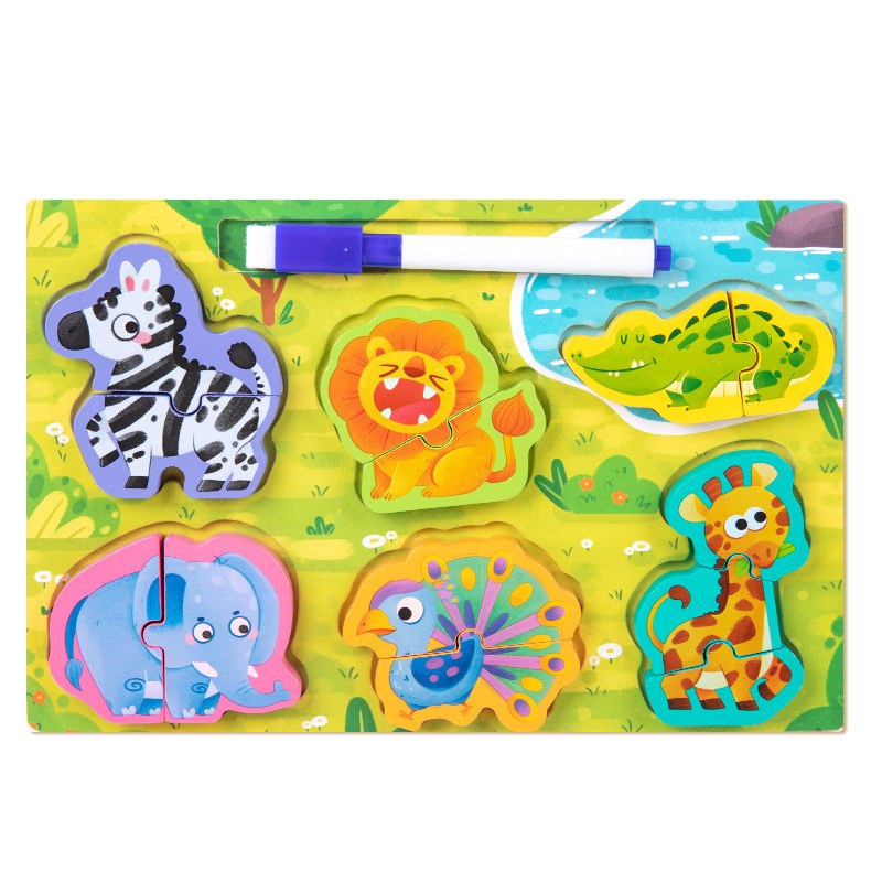 Wooden Cross-border Children's Early Education Animal Matching Jigsaw Puzzle Drawing Board Building Blocks Toy Puzzle Grab Board Assembled Panel