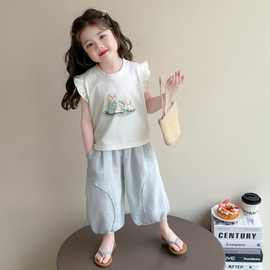 可爱飞袖短袖套装女童2025夏季洋气卡通两件套短袖裤子图片色现货