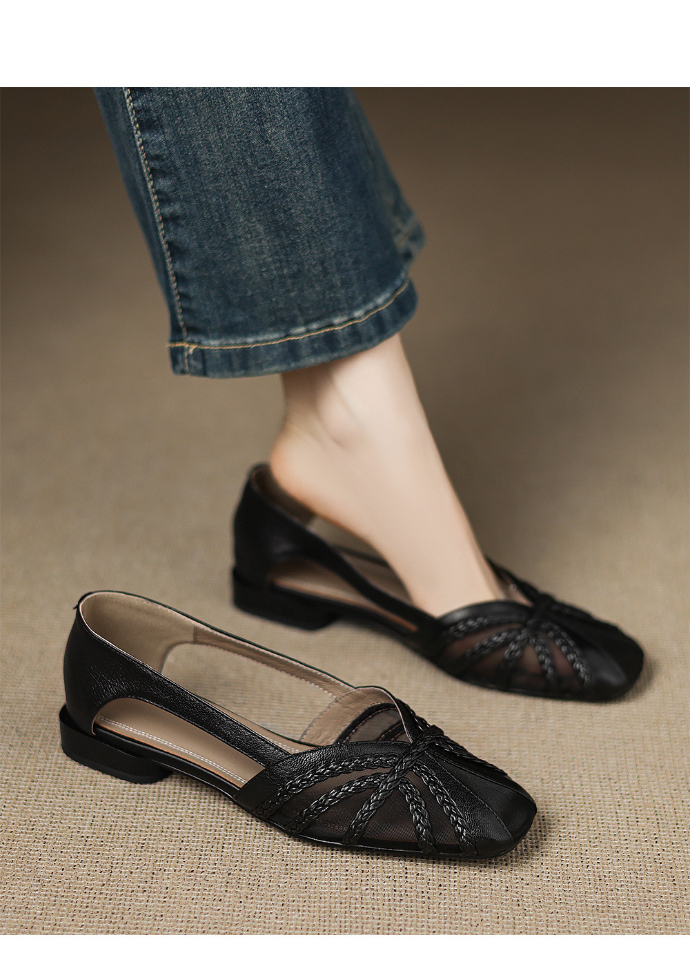 Sandal nữ da cừu mũi kín đế bệt phối lưới thoáng khí — đen chi tiết 7