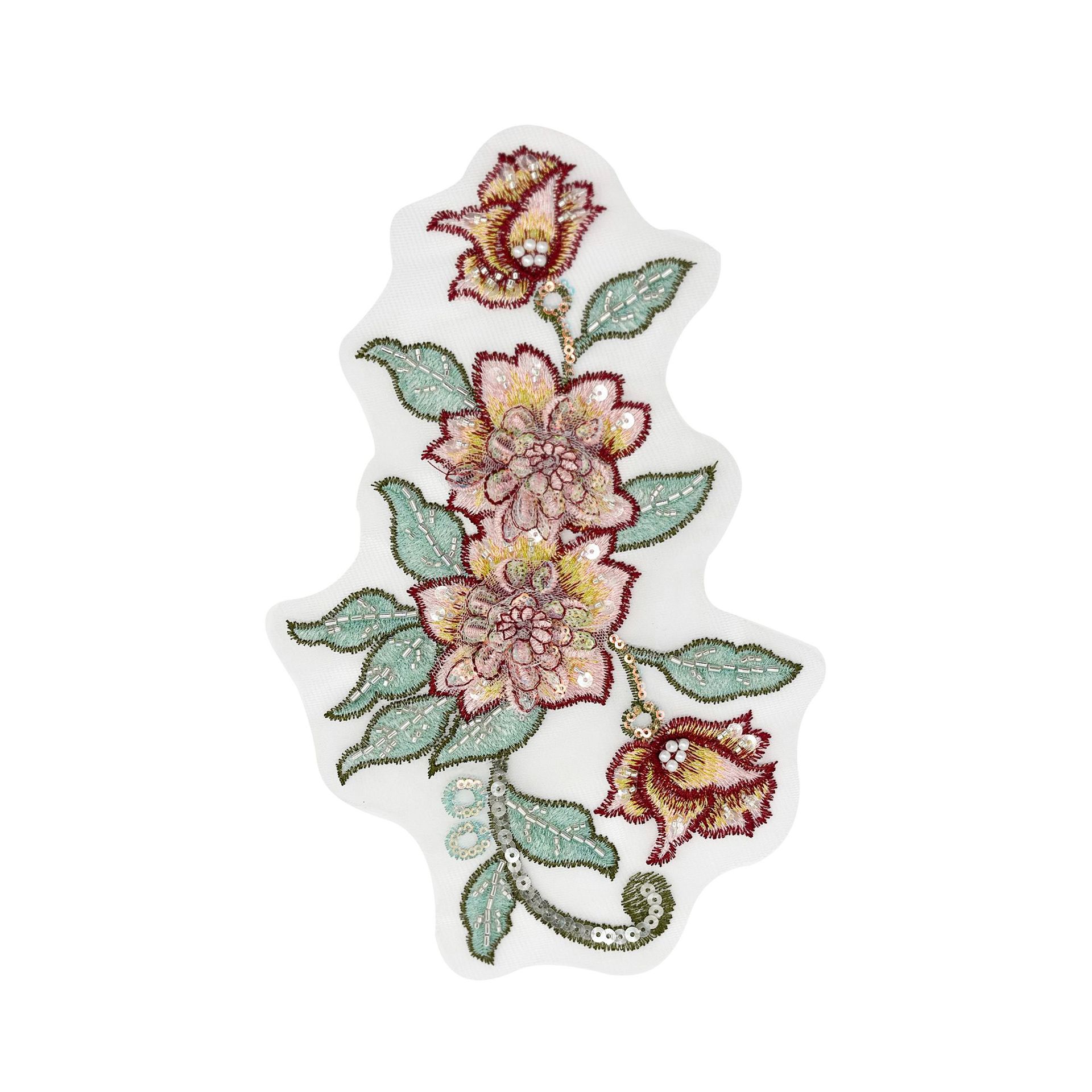 Flores verdes bordadas con cuentas de color, flores de pecho hechas a mano, parches tridimensionales, di-di pegado, accesorios de flores rosadas.